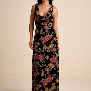 Lulu's Black Floral Cowl Neck Maxi Dress